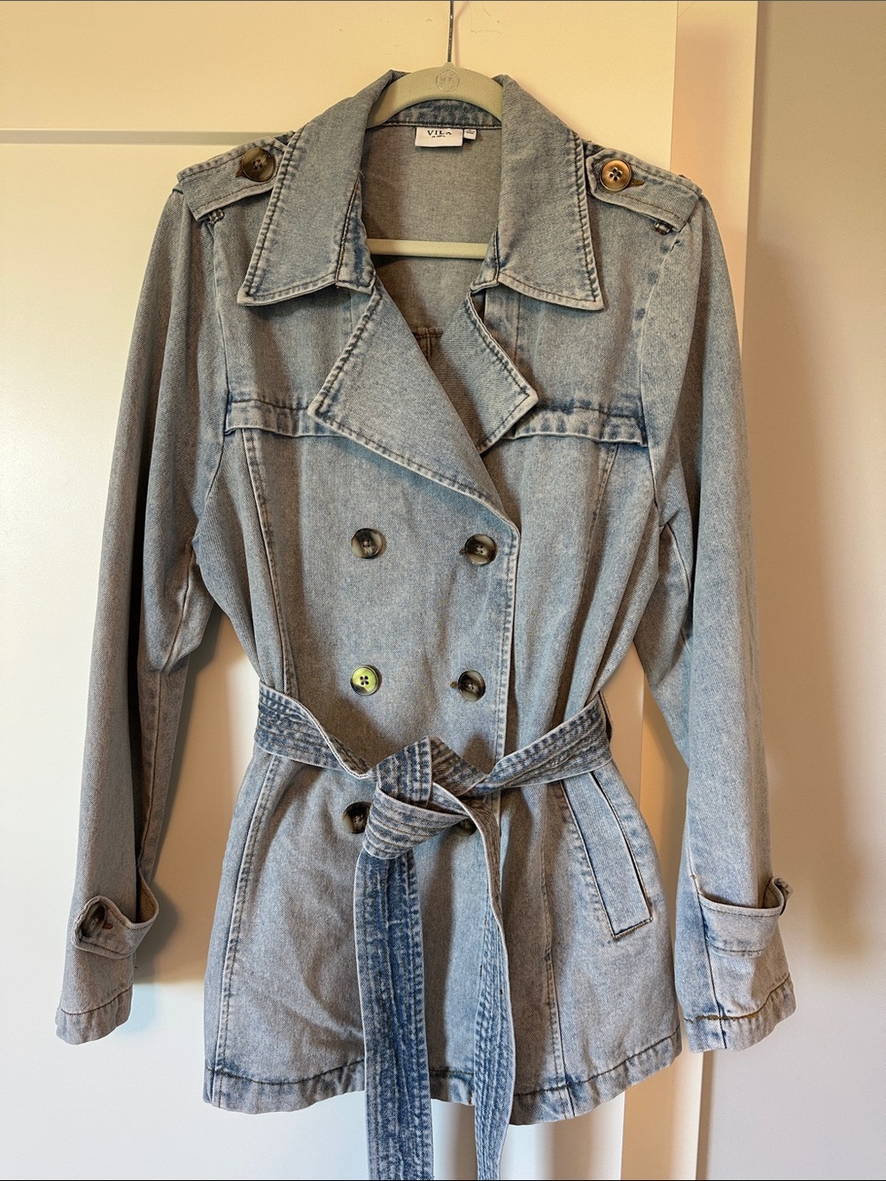 VILA Light Blue Denim Trench Coat with Belt